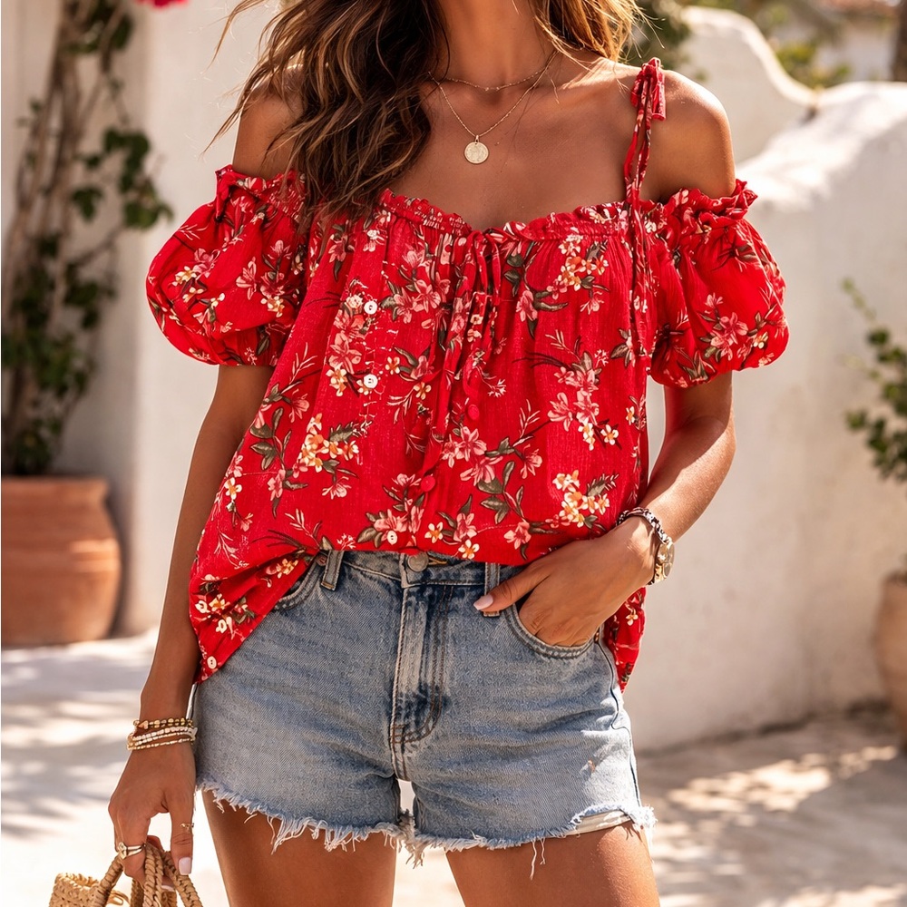 American Eagle Floral Red Off-Shoulder Top